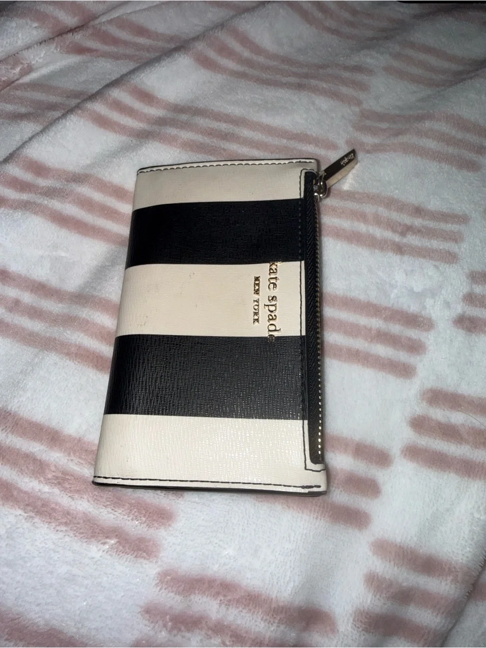 kate spade Black and White Striped Zip Card Wallet